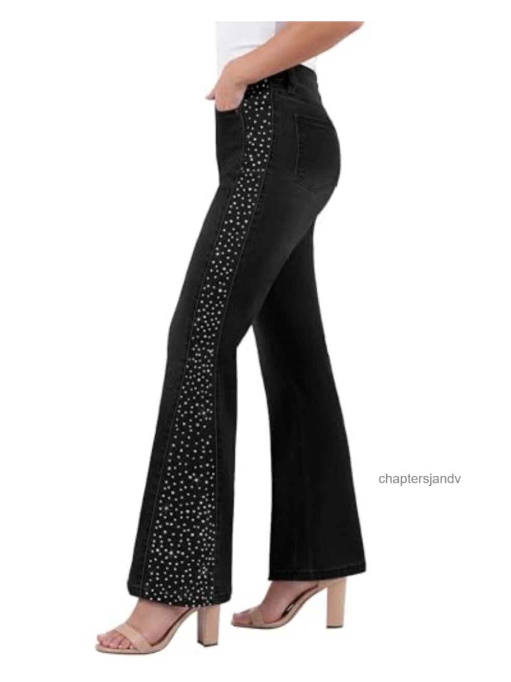 High Waisted Flare Jeans Rhinestone Embellished Stretch Denim Bootcut Pants